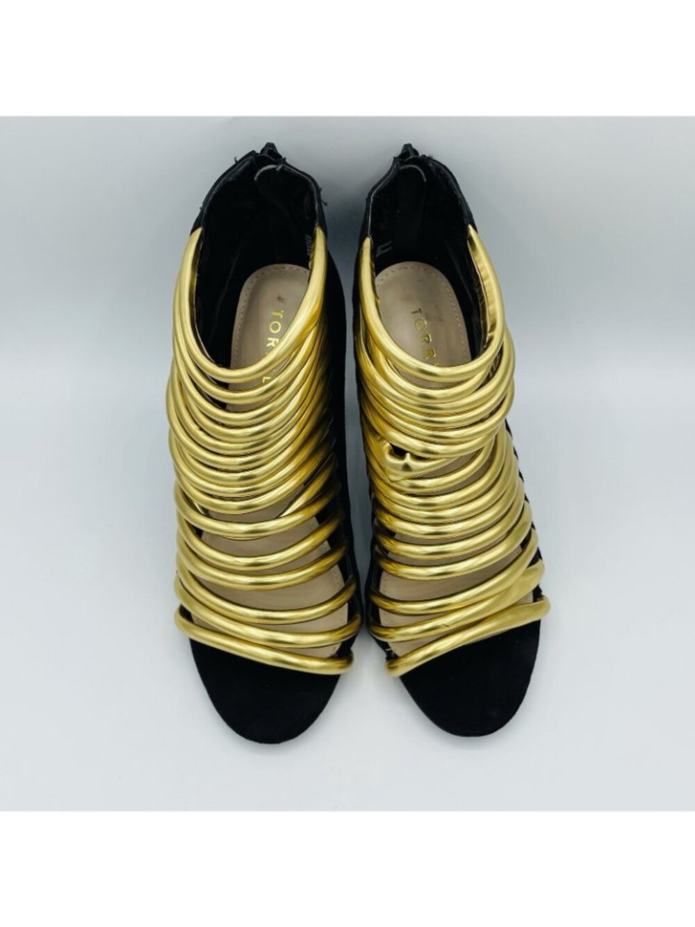 Torrid Shoes Womens Size 8 Wide Black Gold Ankle Booties Heels Zip Peep Toe - Picture 5 of 12